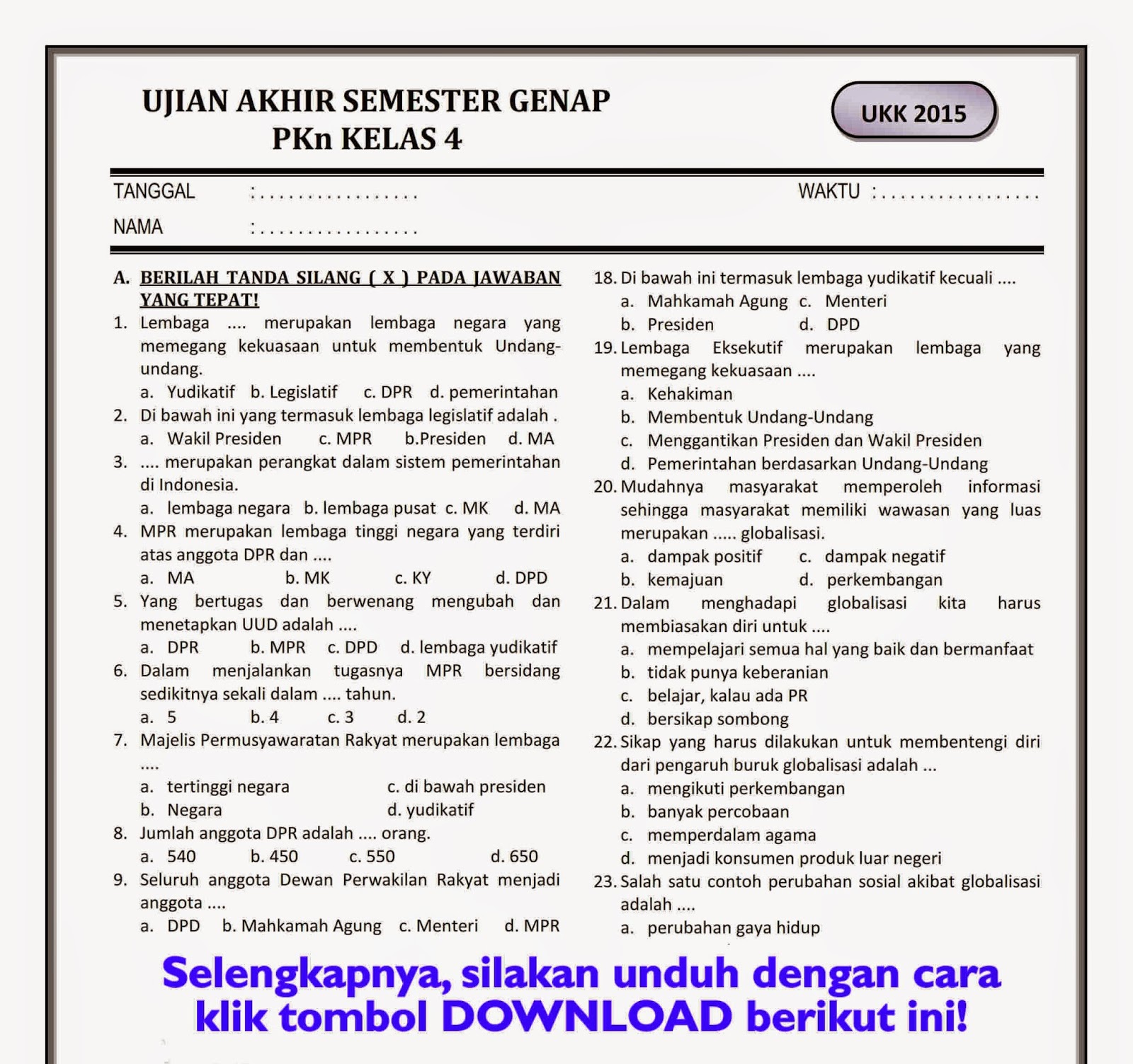 Kisi-kisi soal Uts Kelas 1 Sd Kurikulum 2013 Semester 2
