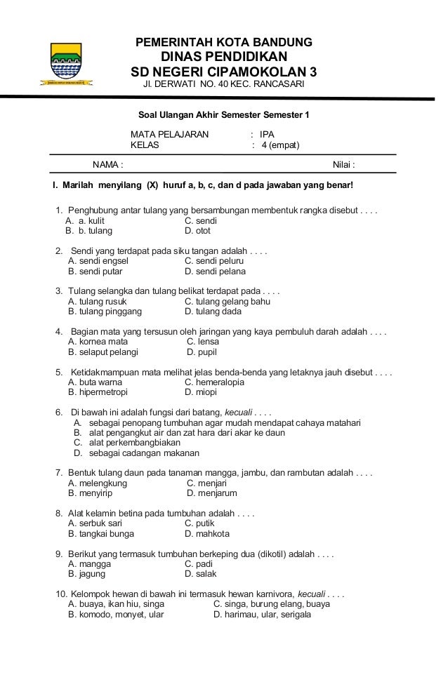 contoh soal hots ipa sd kelas 4