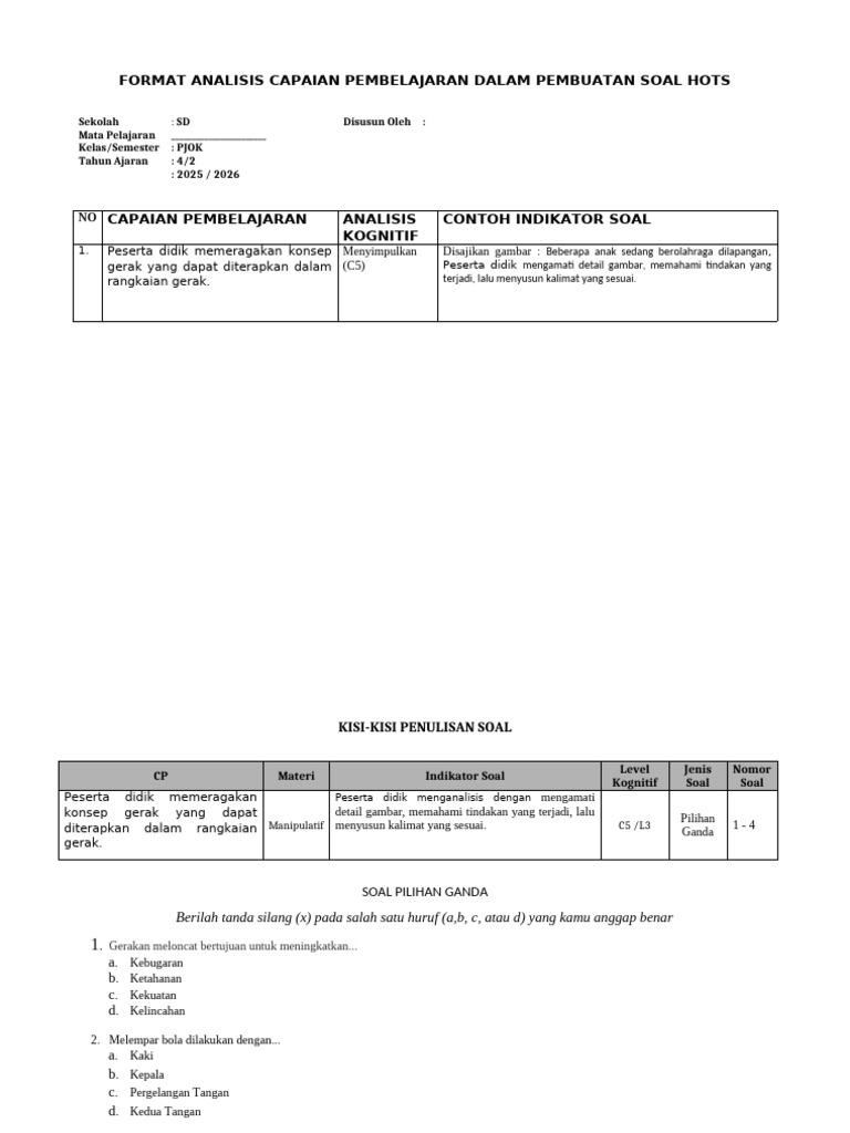 Analisis Soal HOTS PJOK SD Kelas 4 PDF