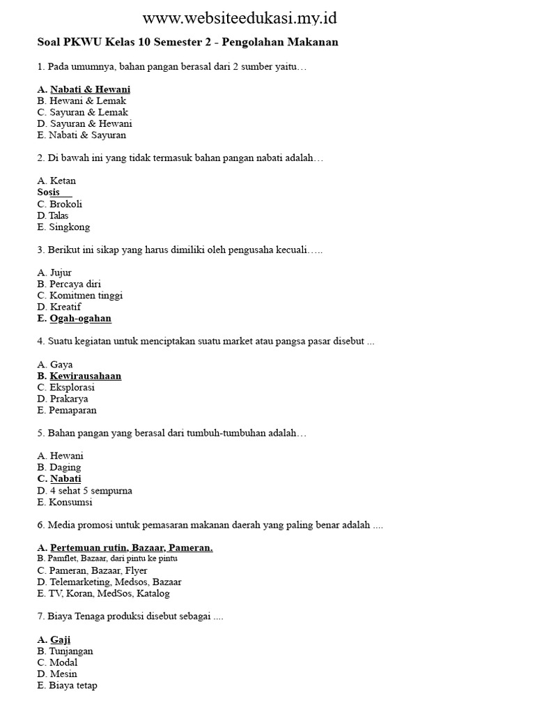 Soal PKWU Kelas 10 Pengolahan Makanan PDF