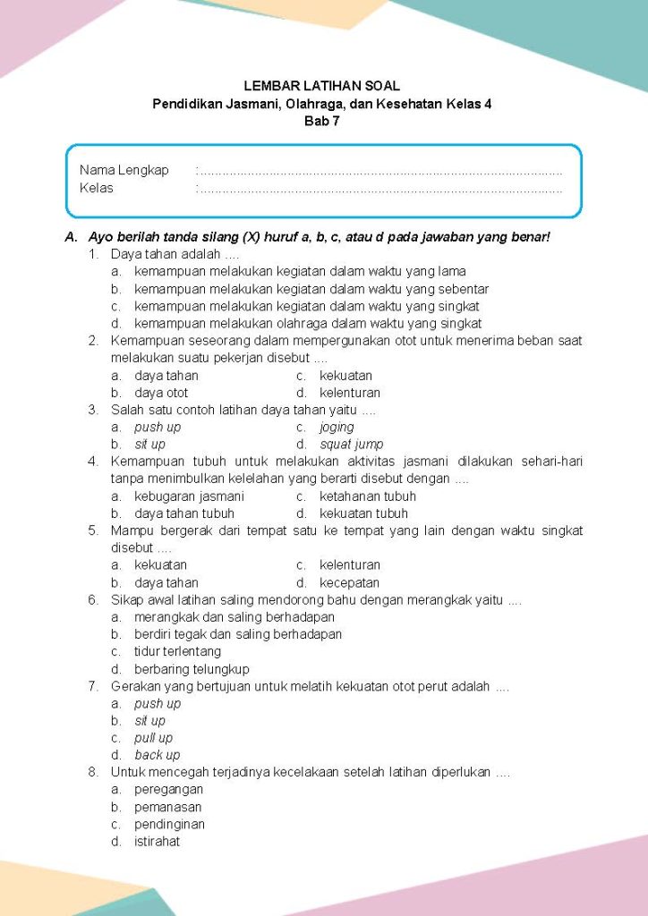 Latihan Soal PJOK Kelas 4 Bab 7 - Daring Nur Hidayah Press