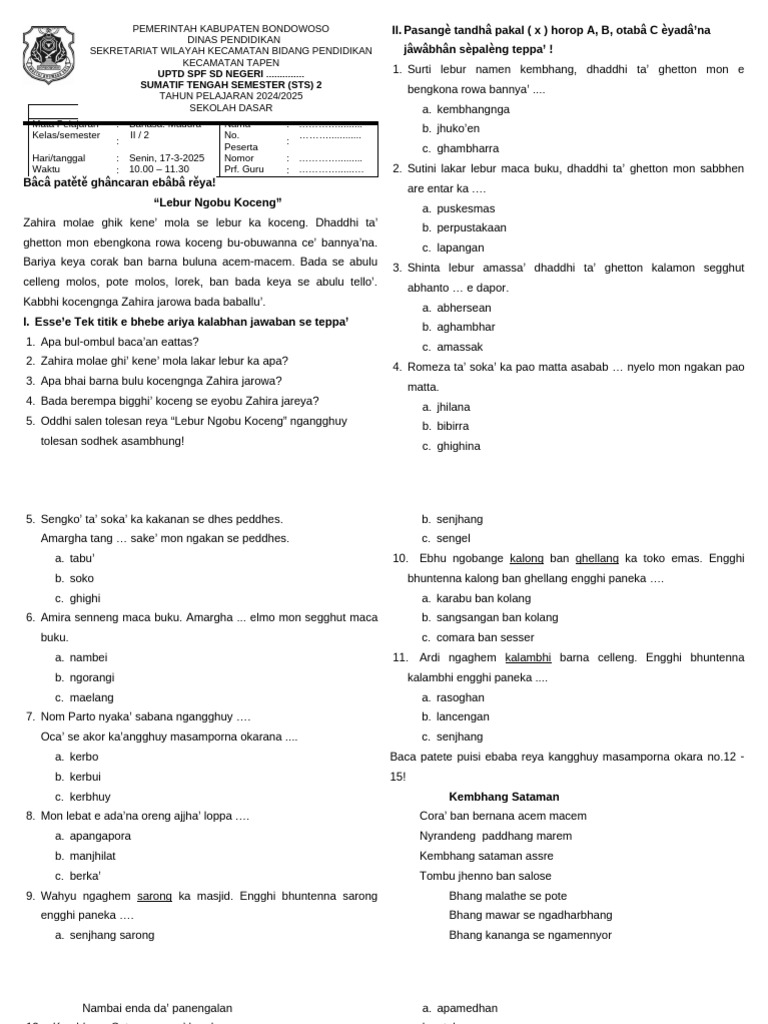 Soal UTS Bahasa Madura Kelas 2 PDF