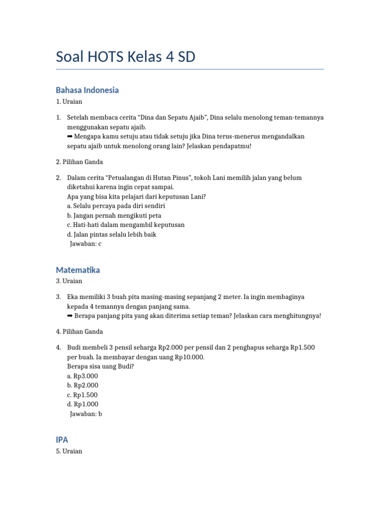 Soal HOTS Kelas 4 SD Bahasa Matematika IPA PDF