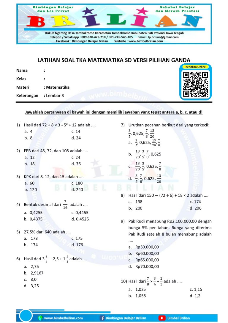 7 Contoh Soal HOTS Pilihan Ganda Matematika SD Kelas 4 yang Sering Muncul di Ujian Sekolah 7 Contoh Soal HOTS Pilihan Ganda Matematika SD Kelas 4 yang Sering Muncul di Ujian Sekolah