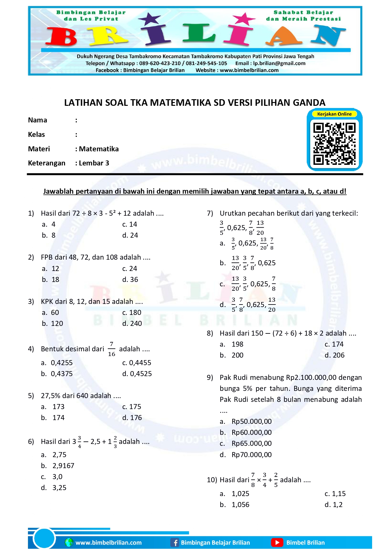 Soal TKA Matematika SD Pilihan Ganda Lembar 3 dan Kunci Jawaban