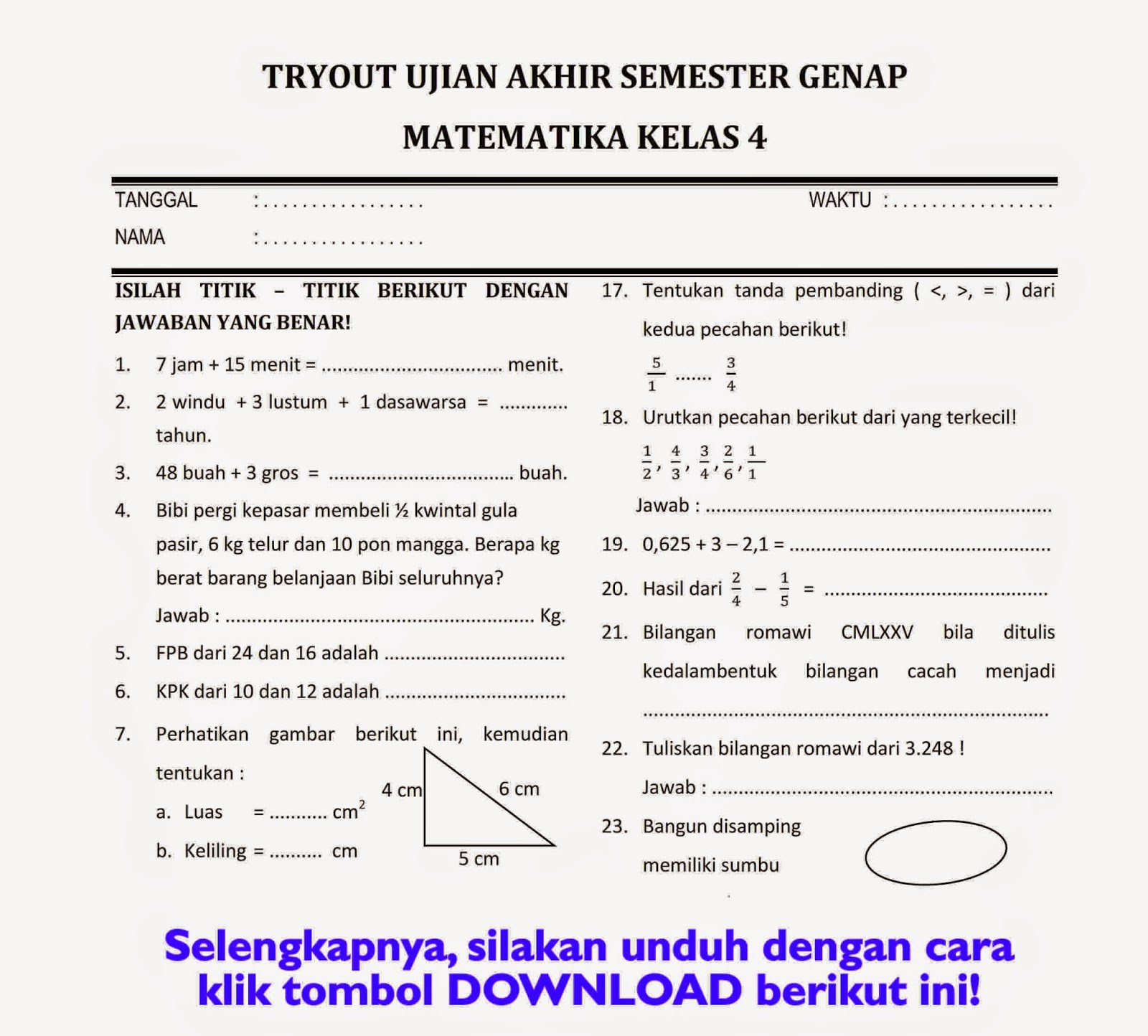 down load soal matematika kelas 4 semester 2