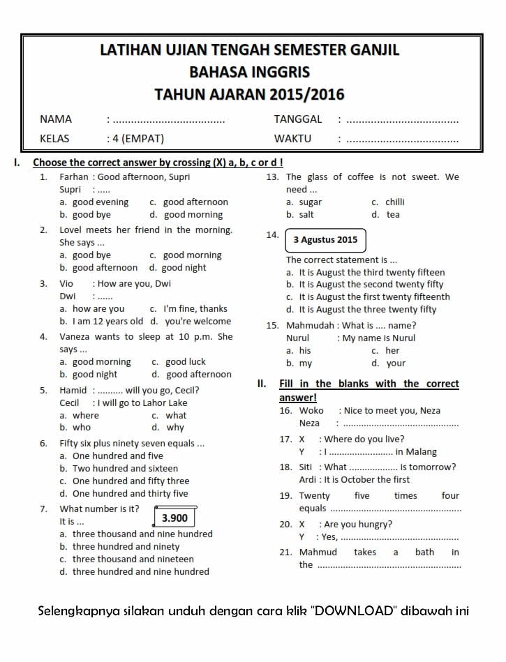 Wajib Tahu Kumpulan soal bahasa inggris kelas 4 semester 1 Agar Anak Makin Pintar
